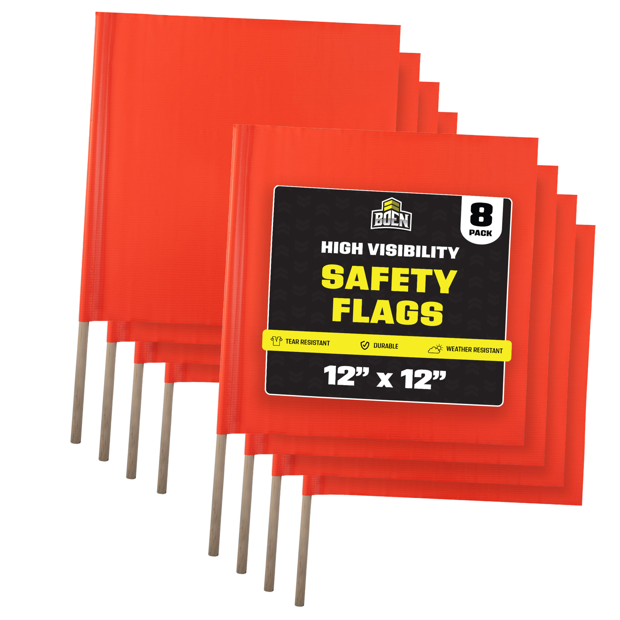 Boen Orange Safety Flag 12 in x 12 in, for Construction Sites, Traffic Control & Oversized Loads, 8-Pack